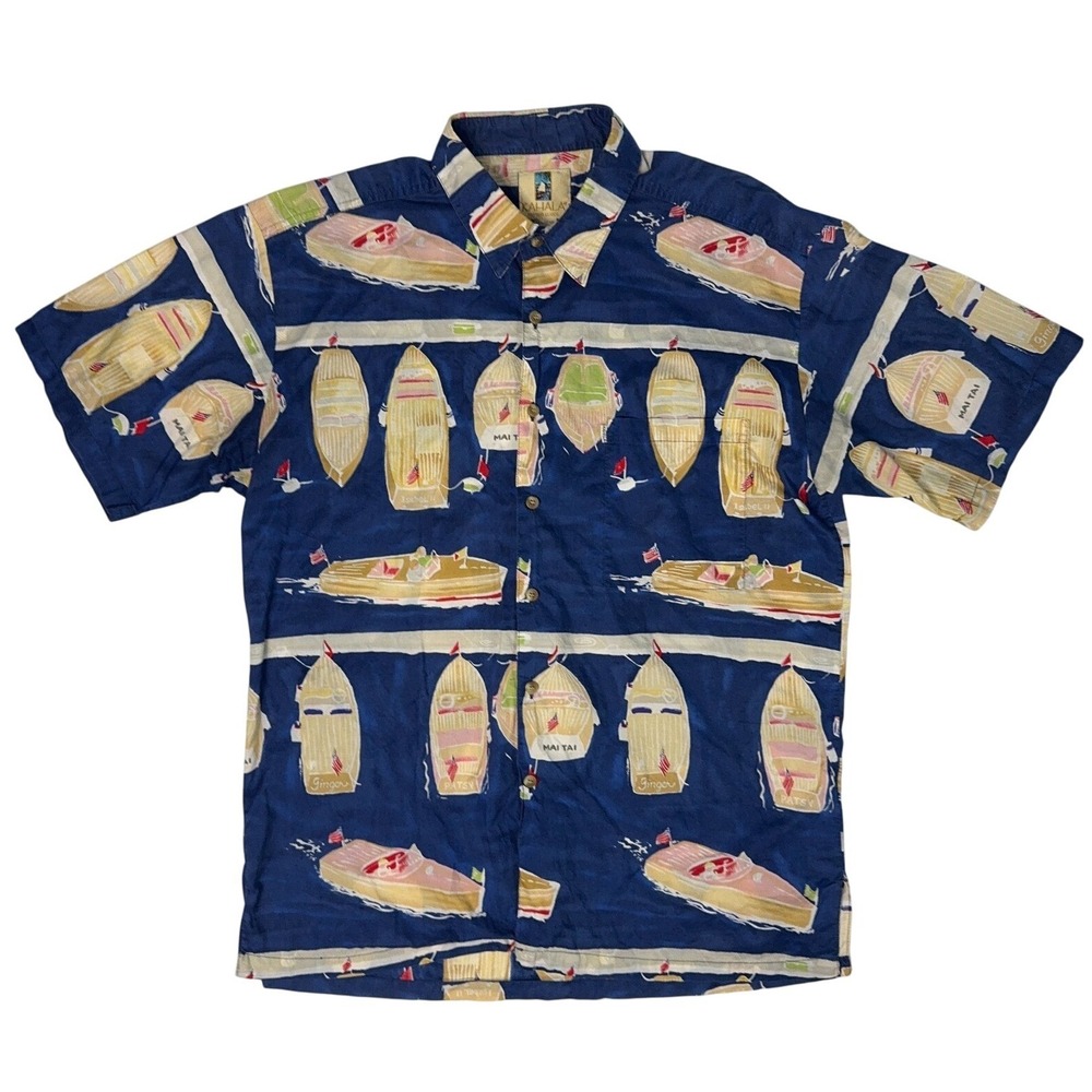 Kahala‎ Hawaiian Aloha Shirt Mens Size L Camp Collar Tropical Print Blue